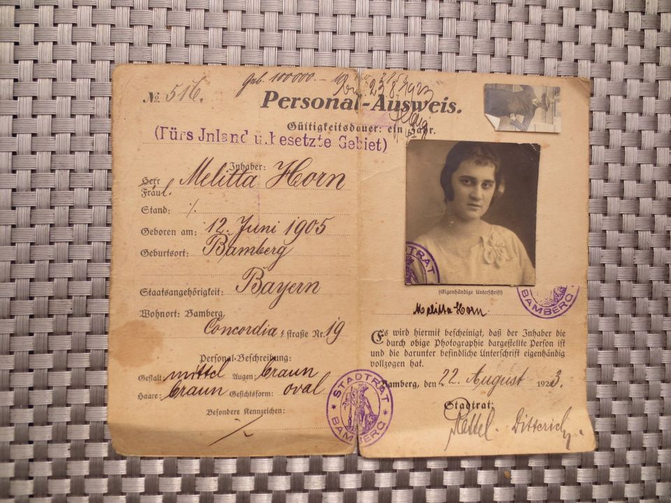 Personal - Ausweis vom 22. August 1923 Bayern in Rendsburg