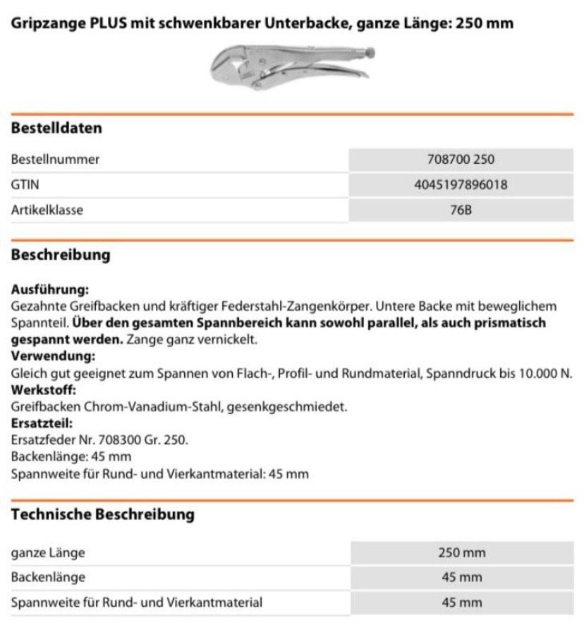 Hoffmann Gripzange mit schwenkbarer Unterbacke, Schweißerzange in Berlin