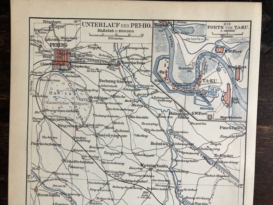 Um 1910: alte Landkarte Tianjin (China) und Fluss Pei-Ho in Feldafing