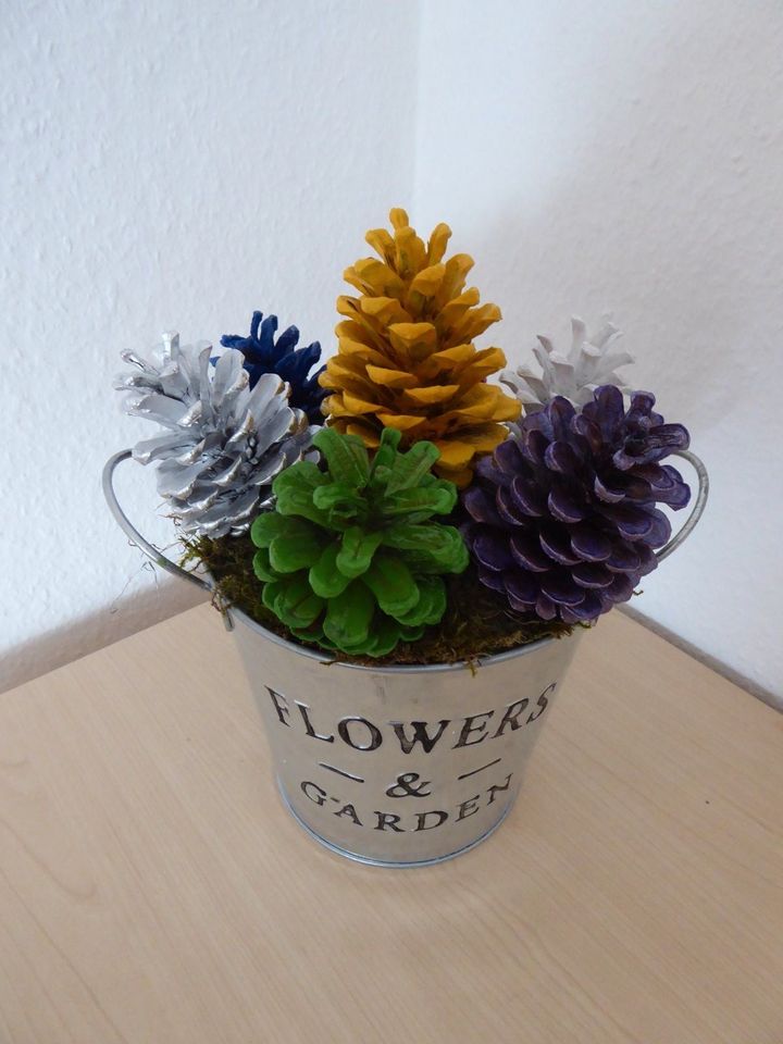 Blumentopf mit bunten Kiefernzapfen Handarbeit in Vellmar