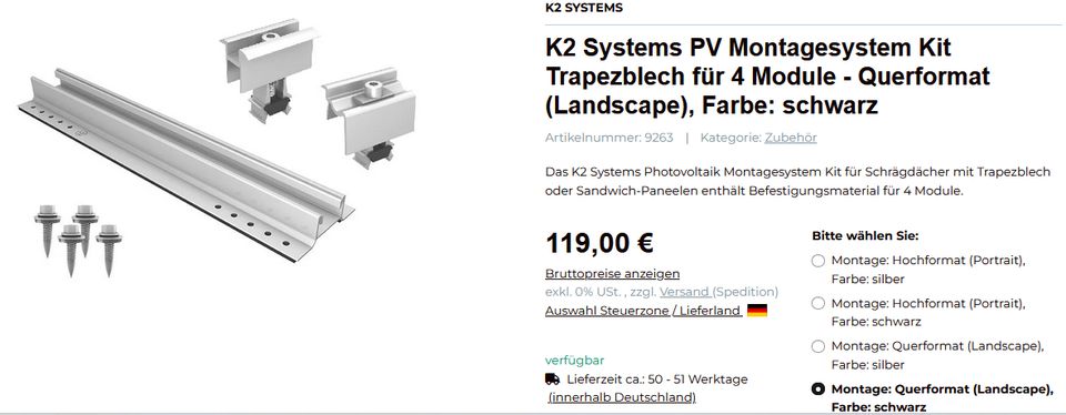 K2 Systems PV Montagesystem Kit Trapezblech für 4 Module in Andernach