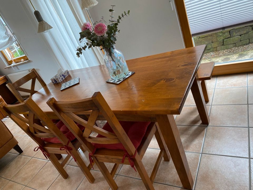 Massiv Holz Ess-Garnitur 4 Stühle, Tisch, Bank in Kürten