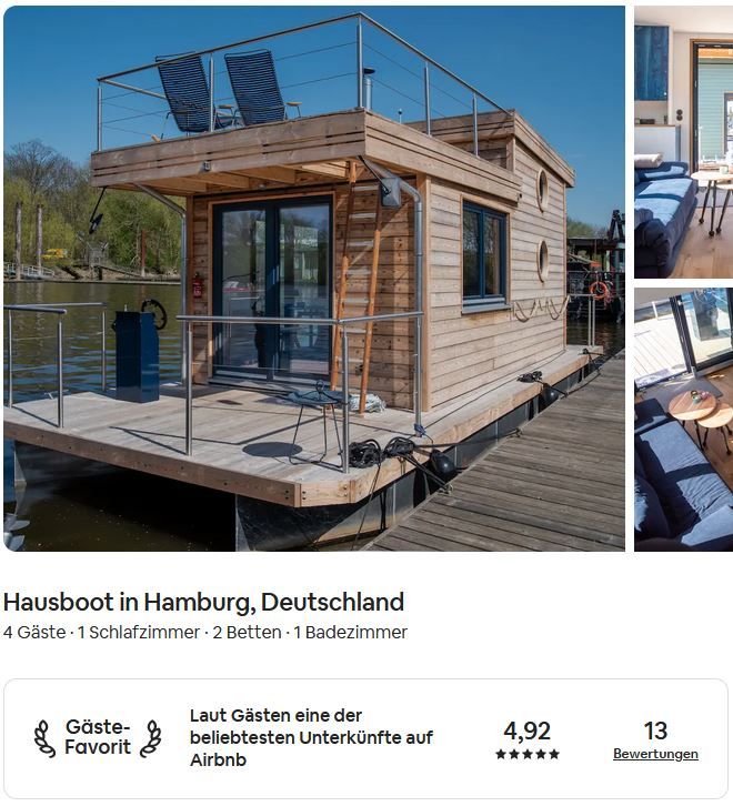 besonderes Tiny-Hausboot UNDINE für Urlaub auf dem Wasser buchen in Hamburg