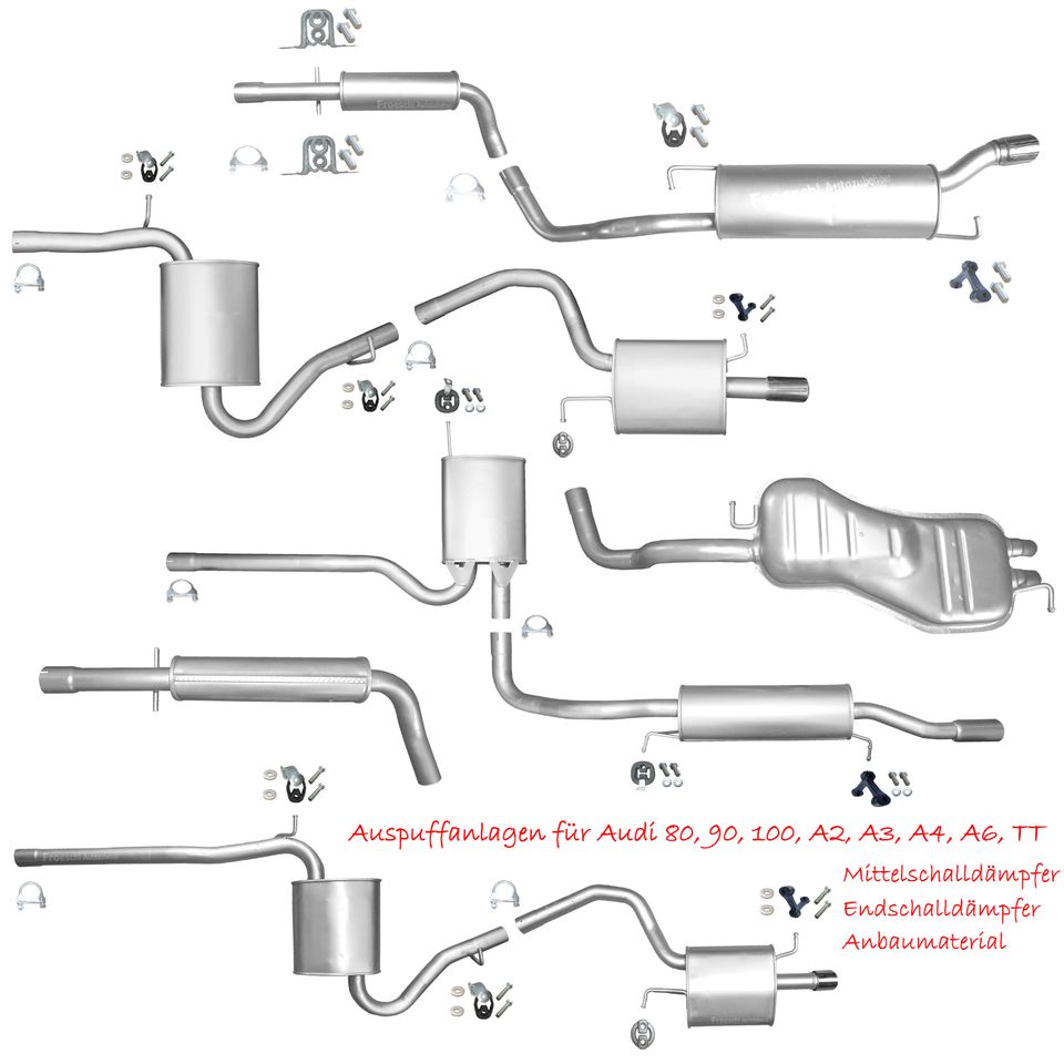 Audi 80 90 100 A2 A3 A4 A6 TT Auspuff Schalldämpfer Abgasanlage Endschalldämpfer Mittelschalldämpfer Hosenrohr Katalysator Rußpartikelfilter Sportauspuff Lambdasonden Flexrohre Rohre Winkelrohre in Hoyerswerda