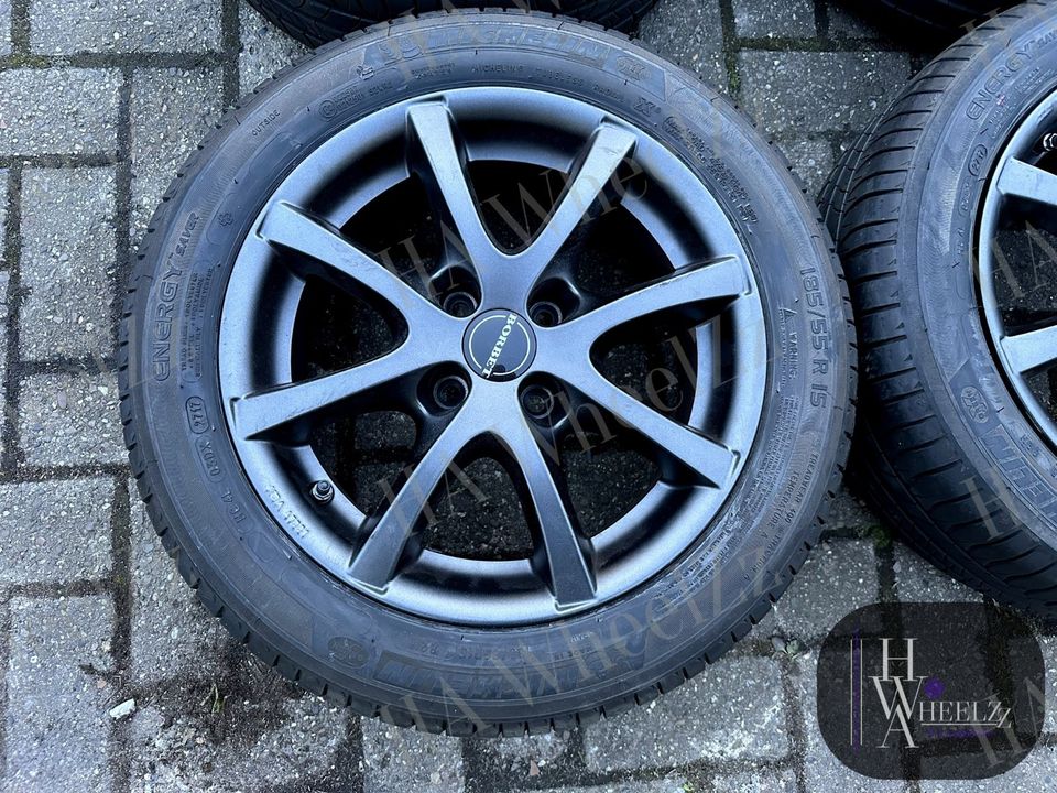 BORBET Alufelgen grau Sommerräder 4x100 ➡️ 185/55 R15 MICHELIN Sommerreifen ➡️ Hyundai Accent Getz i10 Kia Picanto JA Nissan Micra K12 K13 ➡️ Sommer Reifen Felgen ET35 in Bünde