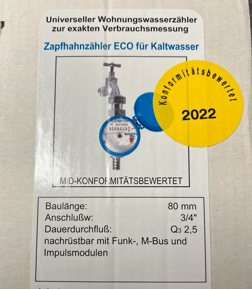 2 St.  Zapfhahnzähler/ Kaltwasser 3/4“ BL 80mm in Triebel