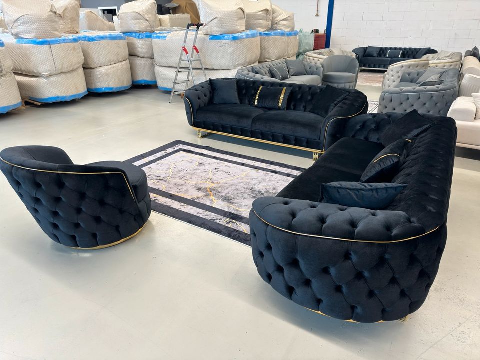 Ausverkauft Auf Bestellung möglich. (Gloria 3+3+1 Chesterfield Set Scwarz) Couch - Sessel Chester Sofa Gästezimmer Wohnlandschaft Polstersofa Wohnzimmer QMLager in Ursensollen