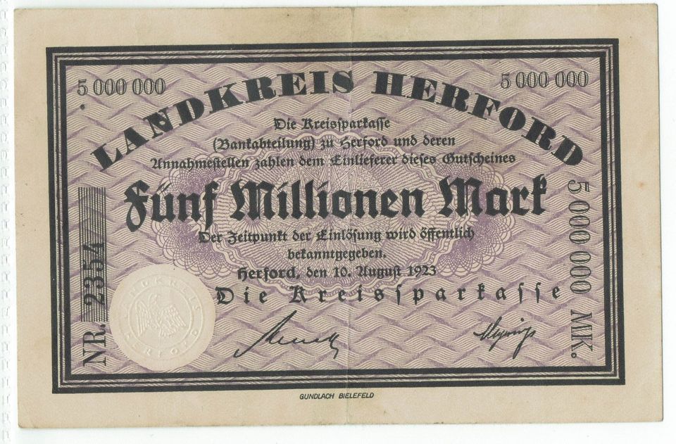 Landkreis Herford 5 Millionen Mark Kreissparkasse 10.8.1923 in Hamburg