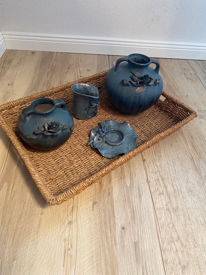 Vase Kerzenständer 4 teilig rauchig blau mit goldenen Akzenten in Neustrelitz
