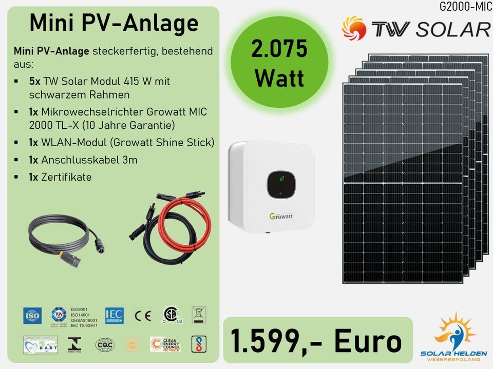 Mini PV-Anlage ☀️ | 2075 Wp | GROWATT 2 kW max Ausgangsleistung in Hessisch Oldendorf