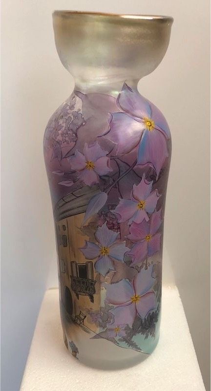 Bemalte Erwin Eisch Glas Vase Jugendstil, signiert 92 in Brunn Kreis Regensburg