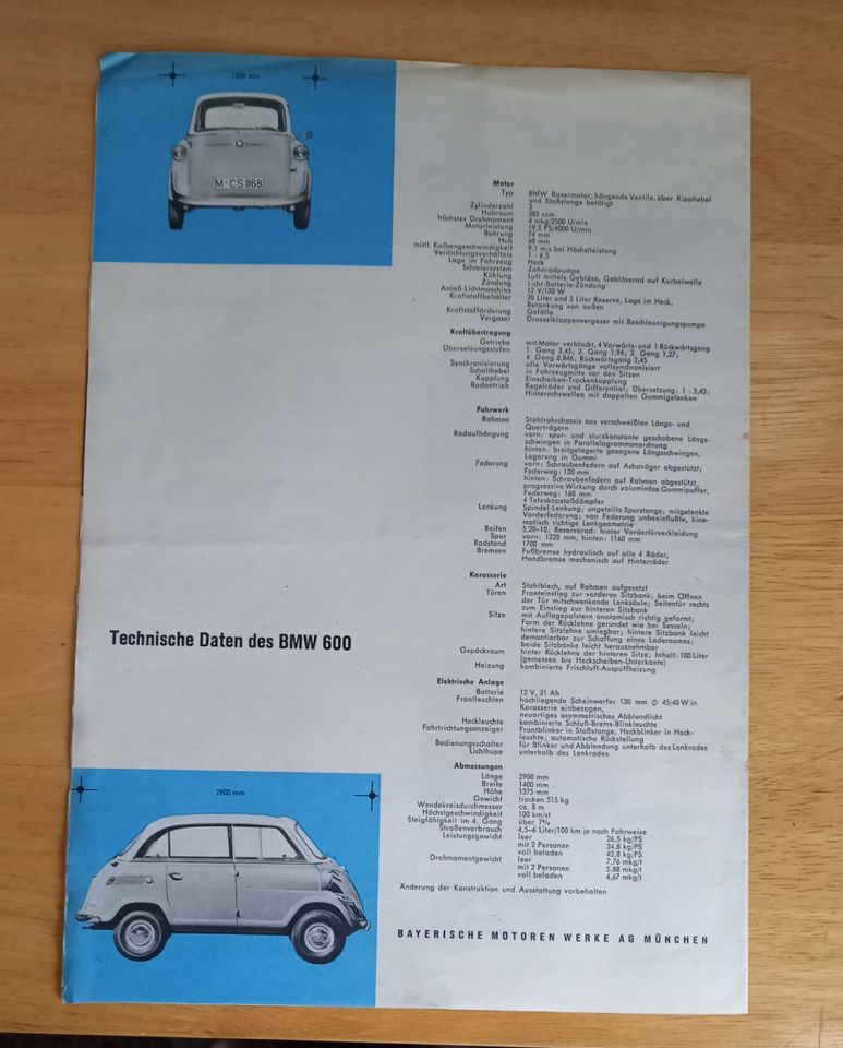 BMW 600 Werbung Werbeprospekt 50iger Jahren in Zeitz