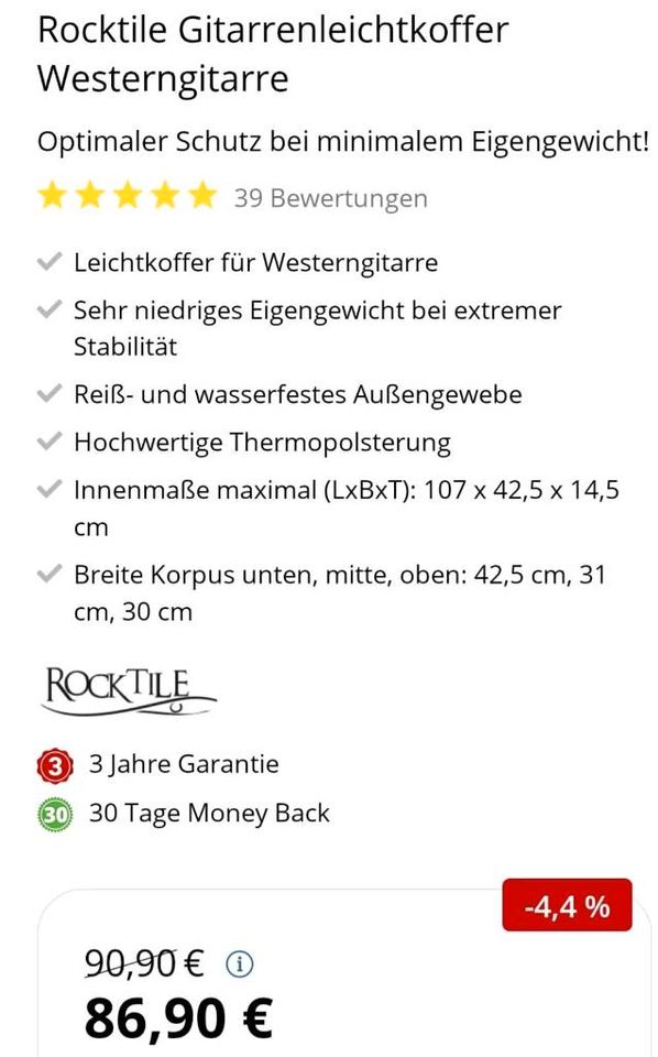 Rocktile Gitarrenleichtkoffer Neuwertig! in Hameln