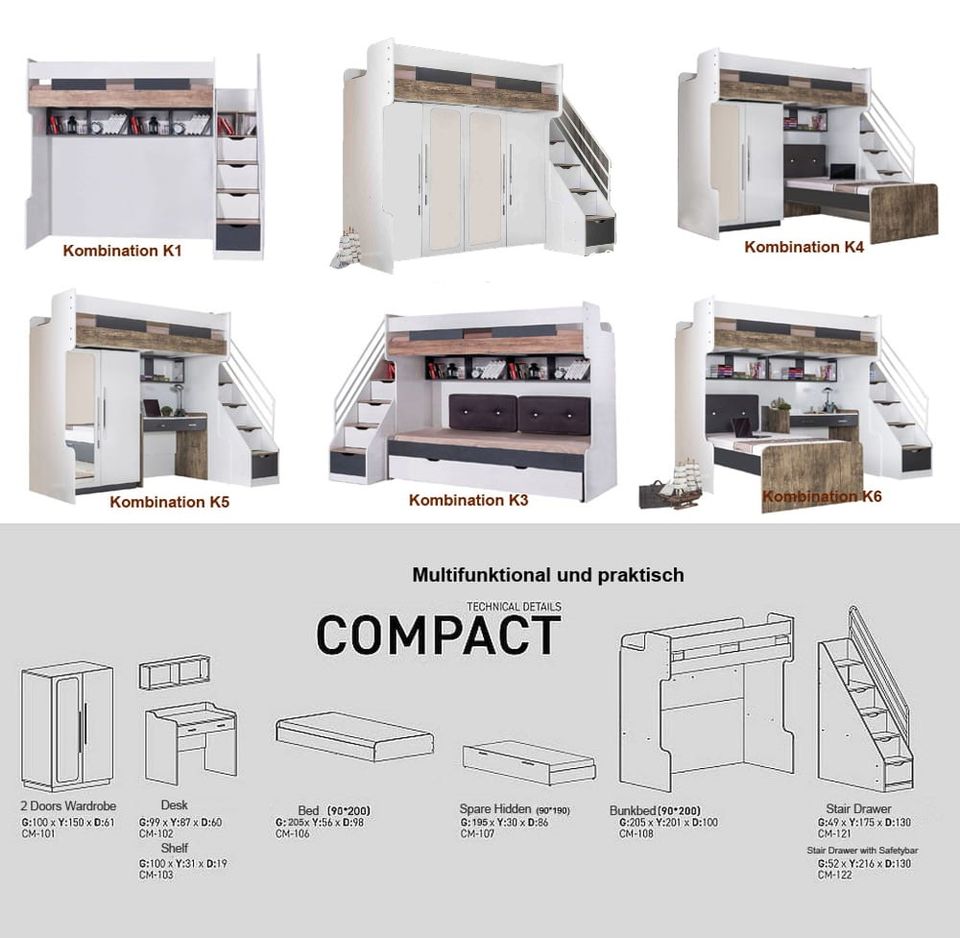 Kinderhochbett 90x200 Compact DUO, 2 Schränke und Treppen NEU in Troisdorf