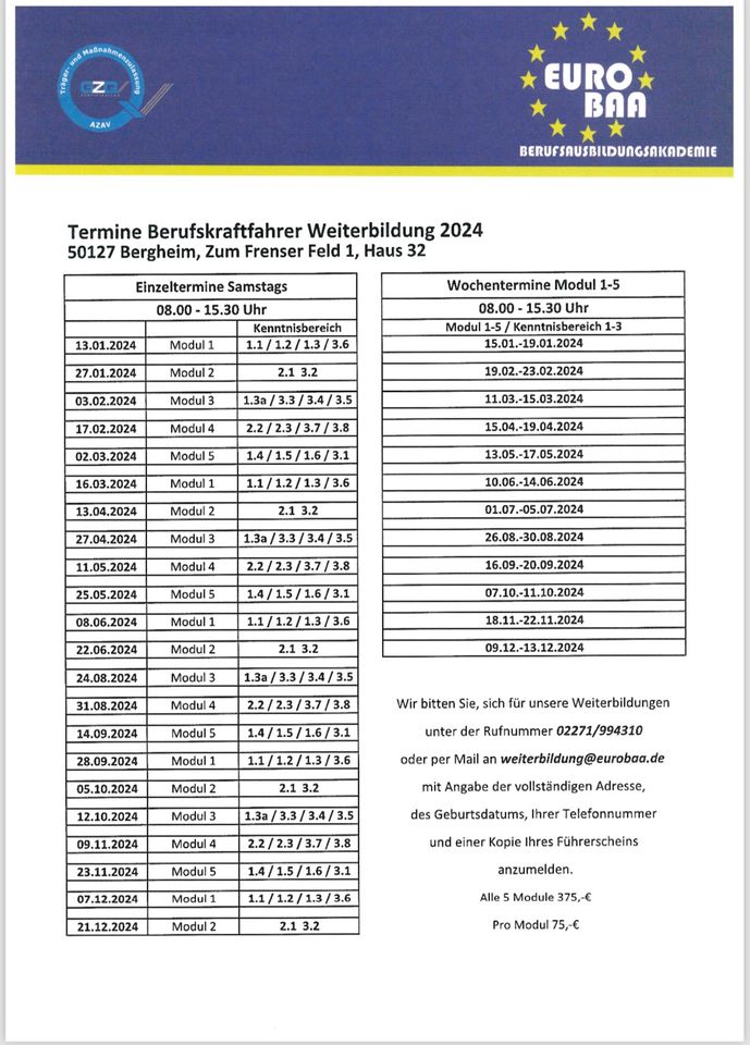 Modulschulung / BKF-Weiterbildung / Schlüsselzahl 95 in Bergheim