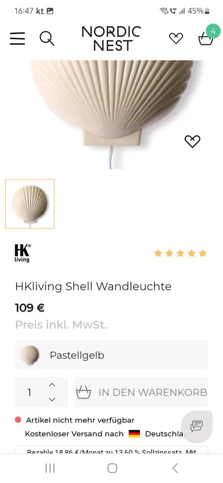 Wandlampe "Shell" von HK Living in Köln