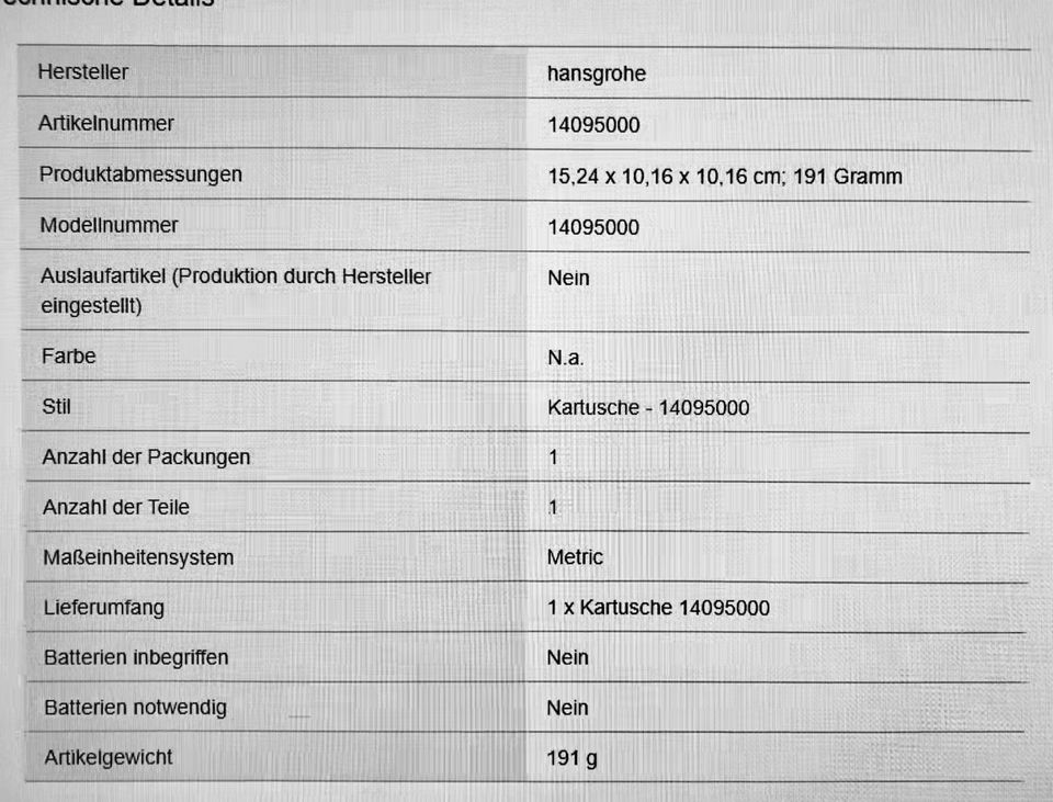 Hansgrohe Kartusche 14095 mit Kugelmischtechnik ohne Munddusche in Bonn