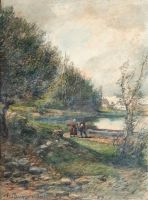 Anton Burger Landschaft mit Paar Aquarell 1885 Frankfurt Kronberg Nordrhein-Westfalen - Mechernich Vorschau