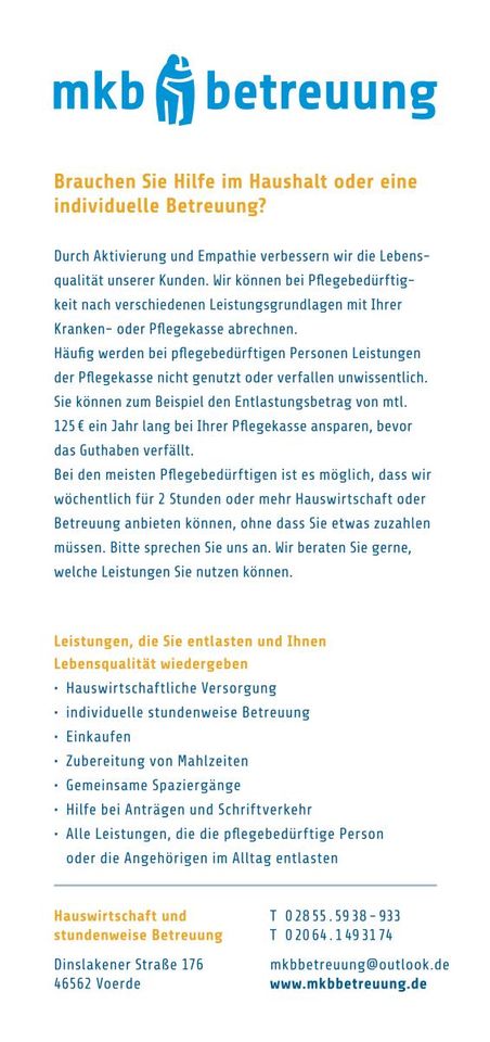 Haushalshilfe oder Alltagsbegleitung ohne Zuzahlung - mkb betreuung - Oberhausen und Umgebung in Oberhausen