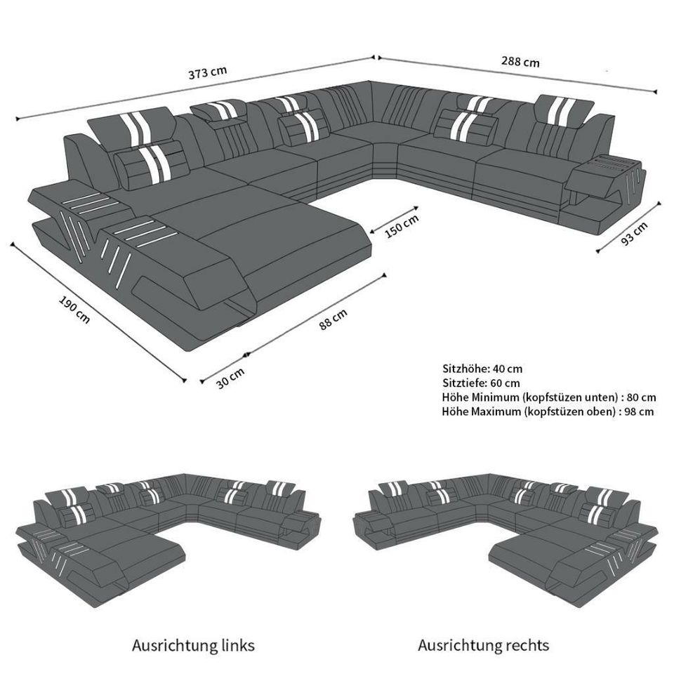 Stoff Sofa Wohnlandschaft Venedig XXL Couch mit Ottomane LED in Berlin