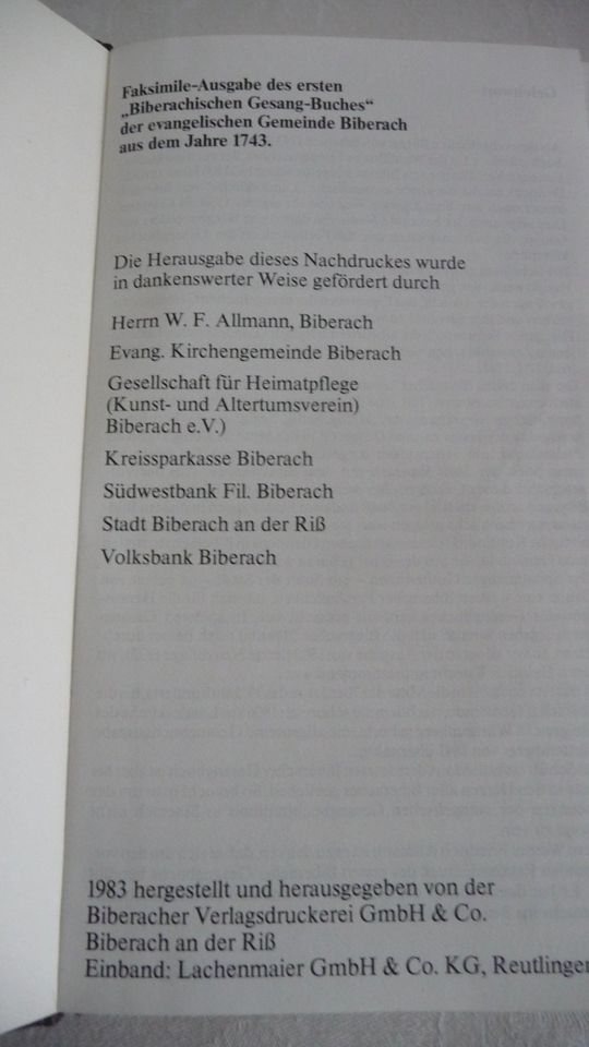 Biberachisches Gesang-Buch 1743 - Faksimile Ausgabe 1983 in Sindelfingen