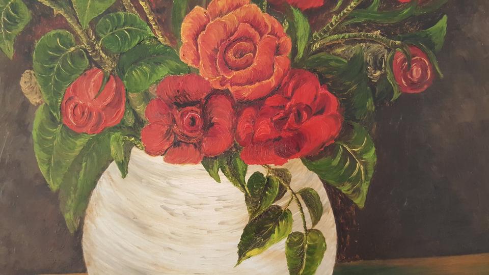 Gemälde Rosen in weißer Vase auf dunklem Hintergrund 68x58 in Kleve
