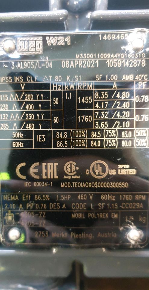 1,1 kw WEG W21 IP55 Elektromotor AL90S/L-04 in Merkendorf