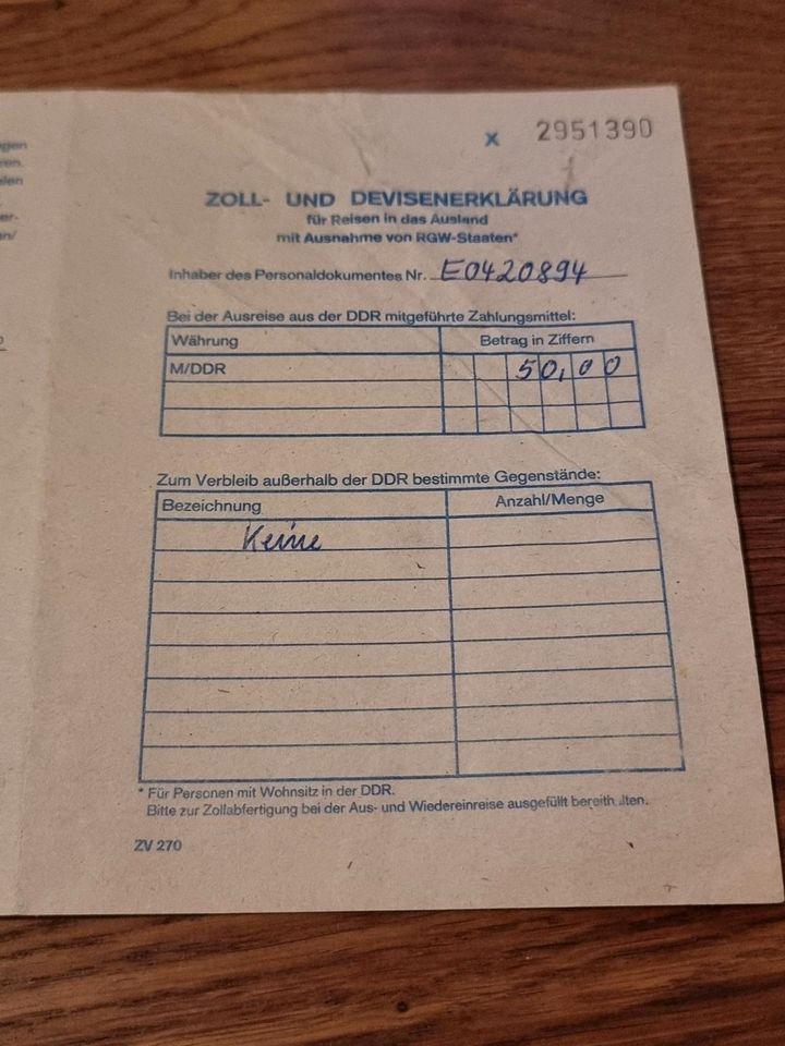 Zoll & Devisenerklärung DDR 11.11.1989 in Stechow-Ferchesar