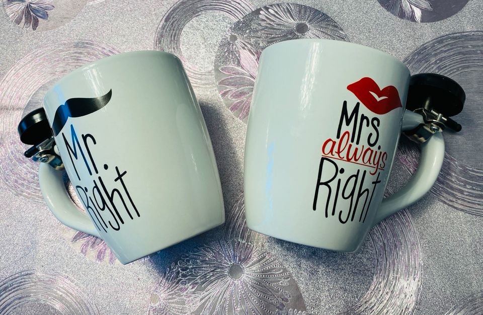 Geschenk Set Hochzeit Tassen Mr. Right Mrs. always Right in Gudendorf