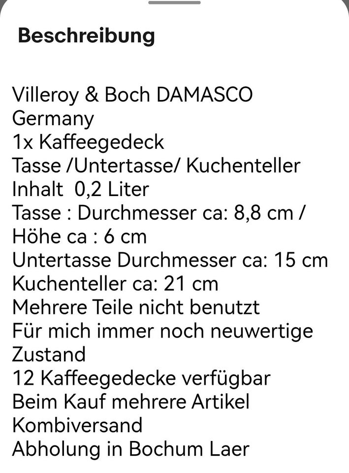 VILLEROY BOCH DAMASCO WEISS 1 X KAFFEEGEDECK V&B neuwertig in Bochum