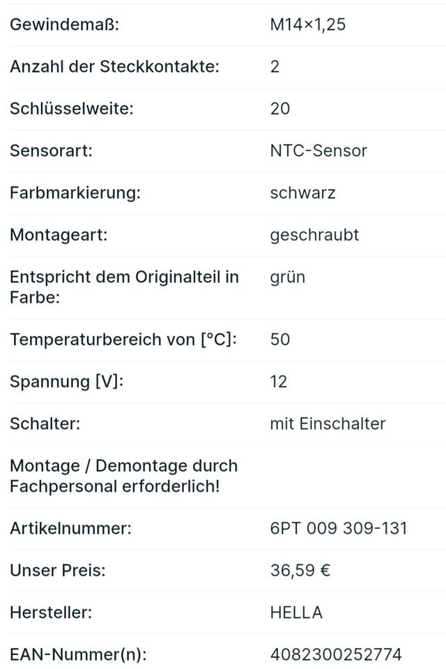 Hella 6PT 009 309-131 Kühlmittelsensor Peugeot, Citroen in Sensweiler