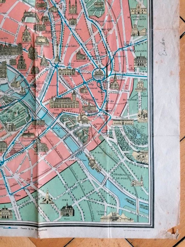 Alter Stadtplan von Paris mit allen Sehenswürdigkeiten in Regensburg