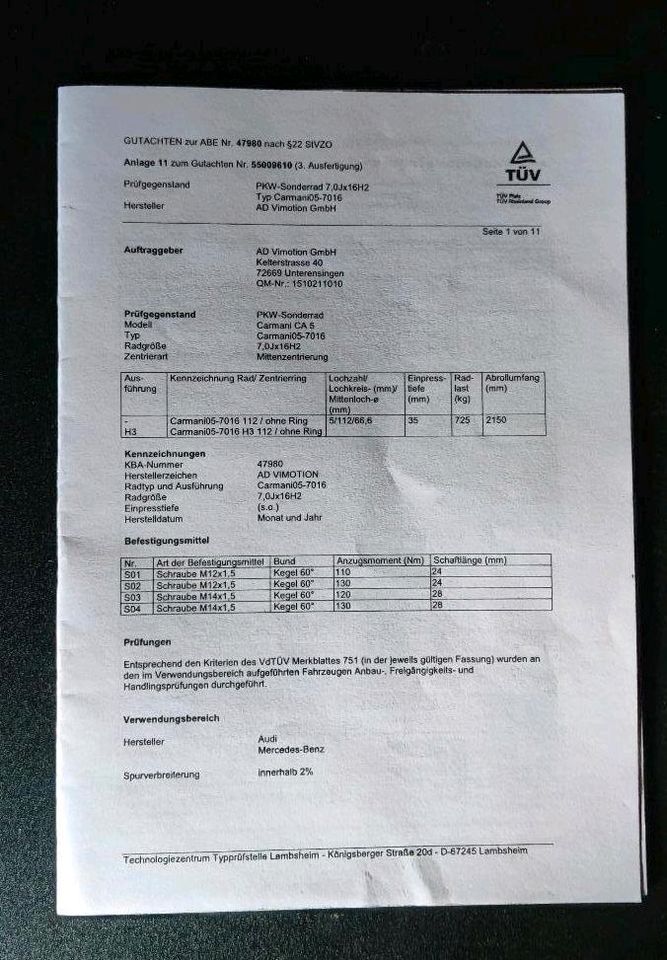 TÜV Gutachten für Alufelgen Carmani CA 5,  7x 16 in Stuttgart