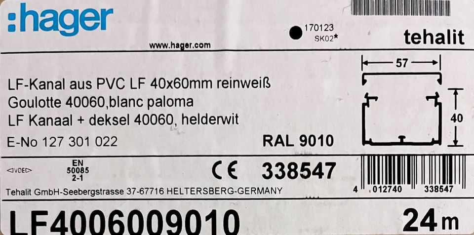 3 St. neue Hager® Kabelkanäle 2m, H 57 x T 40 mm RAL 9010 OVP in Warburg