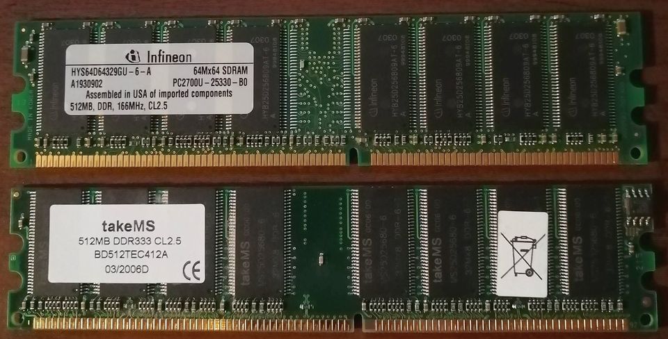 2 RAM Speicher 184Pin SDRAM DDR1 und DDR3 (2x 512 MB) für den PC in Gera