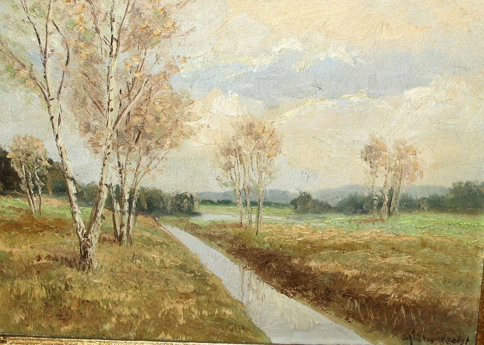 Öl Bild Theo Schlüter Kaarst Landschaft Idyll Rhein-Auen 40x30cm in Schwerte