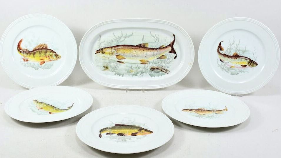 5x Limoges Porzellan Teller & 1x Platte mit Fisch Druck in Heidenheim an der Brenz