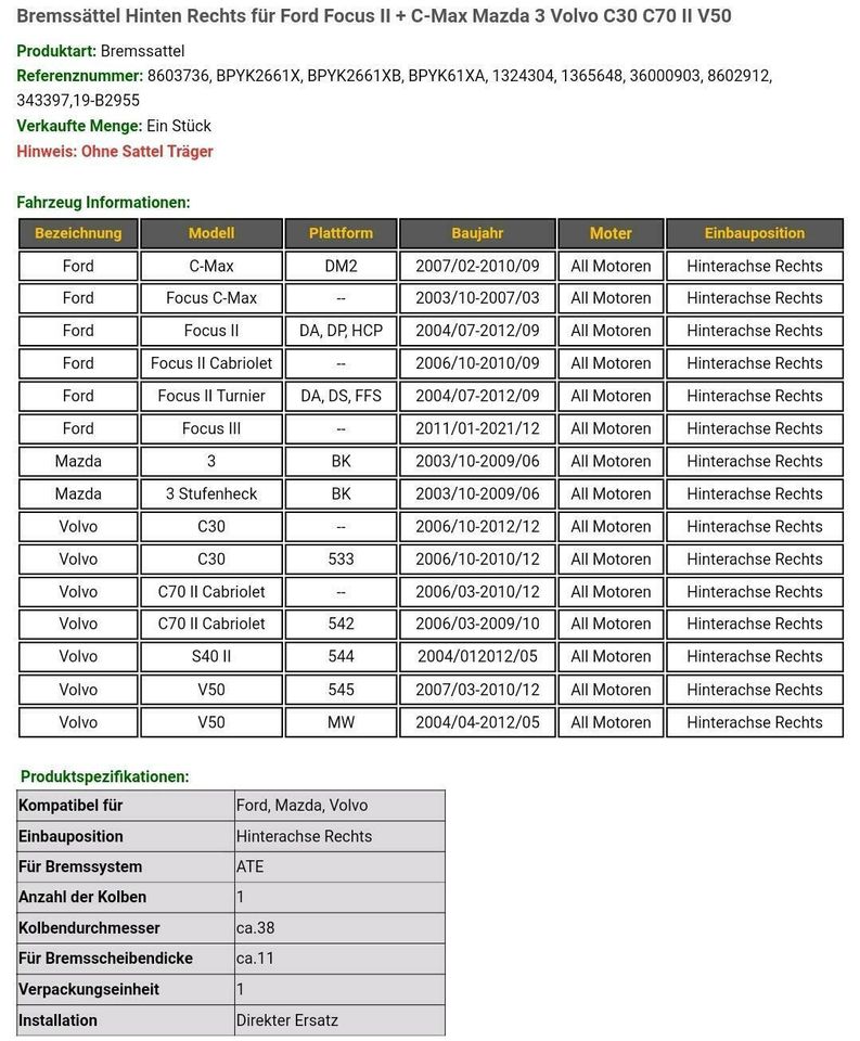 Bremssattel NEU Ford, Volvo, Mazda3 in Stralsund