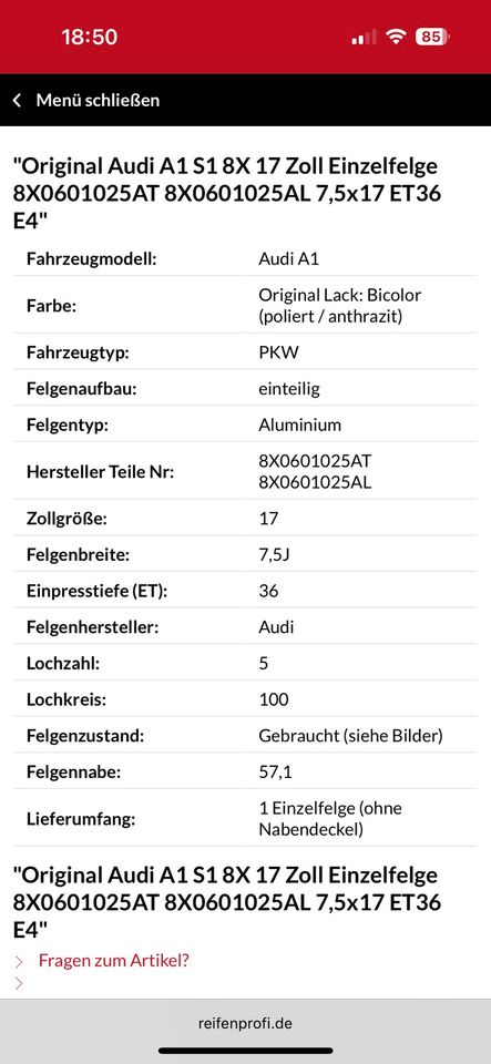 4 Originale Audi Felgen 17 Zoll 7,5x17 ET 36, 205/40 in Dabel