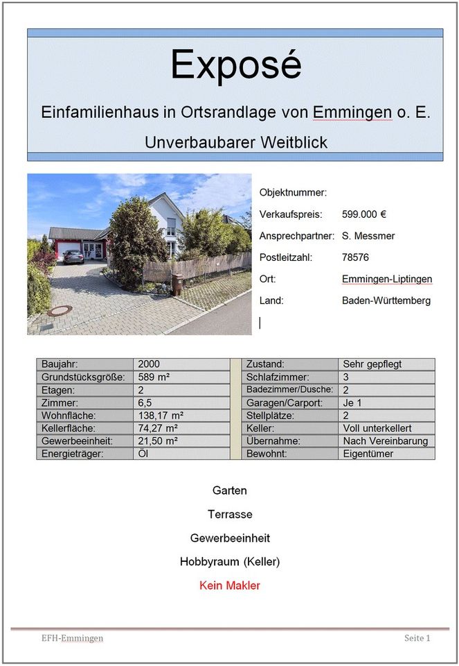 Einfamilienhaus in Ortsrandlage von Emmingen o. E. - unverbaubarer Weitblick in Emmingen-Liptingen