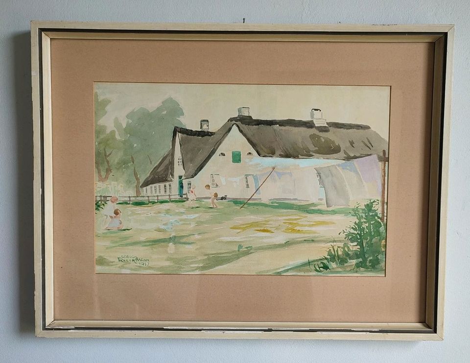 Carlos Reeckmann Aquarell 1957 Bauernhaus Kinder Rügen in Kiel