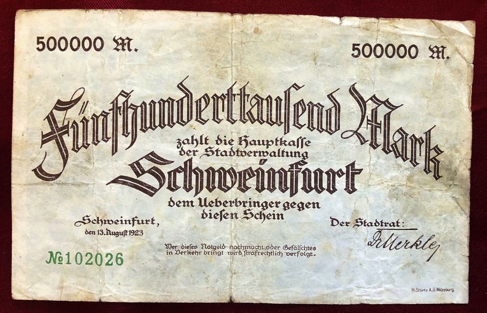Banknote, Geldschein: Schweinfurt 500000 Mark 1923 Notgeld in Kronach