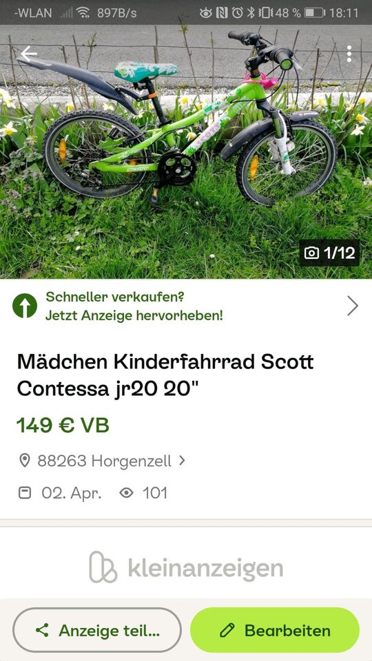 Mädchen Kinderfahrrad 20 Zoll in Horgenzell