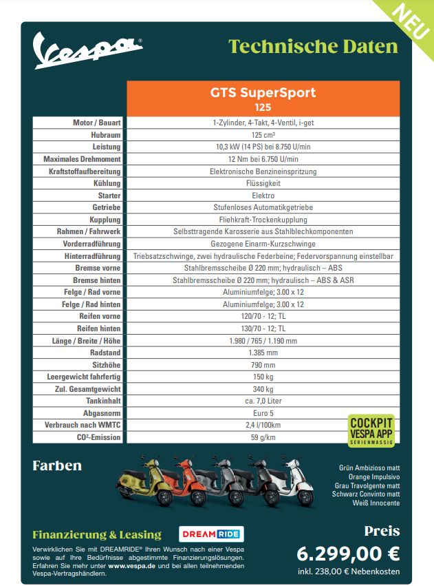 Vespa GTS 125 supersport Model 2023 Neufahrzeug sofort verfügbar. in Petting