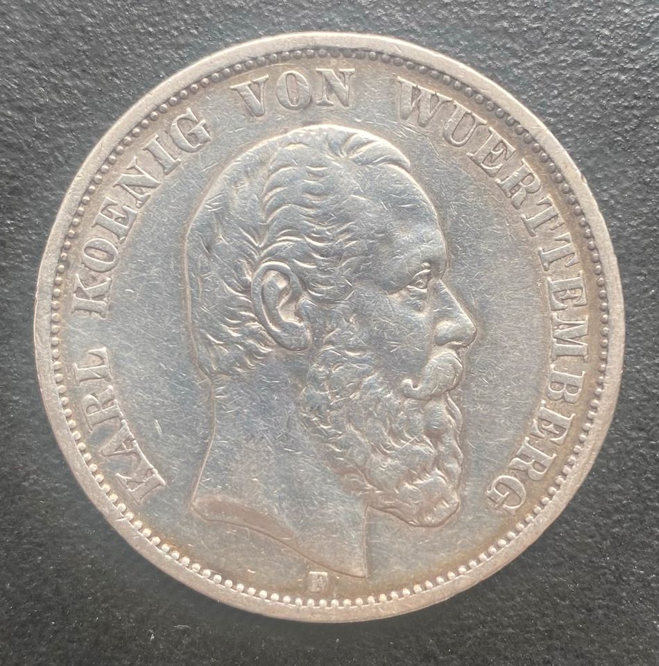 Silbermünze * Karl König von Württemberg * 1875 * F * 5 Mark in Memmingen