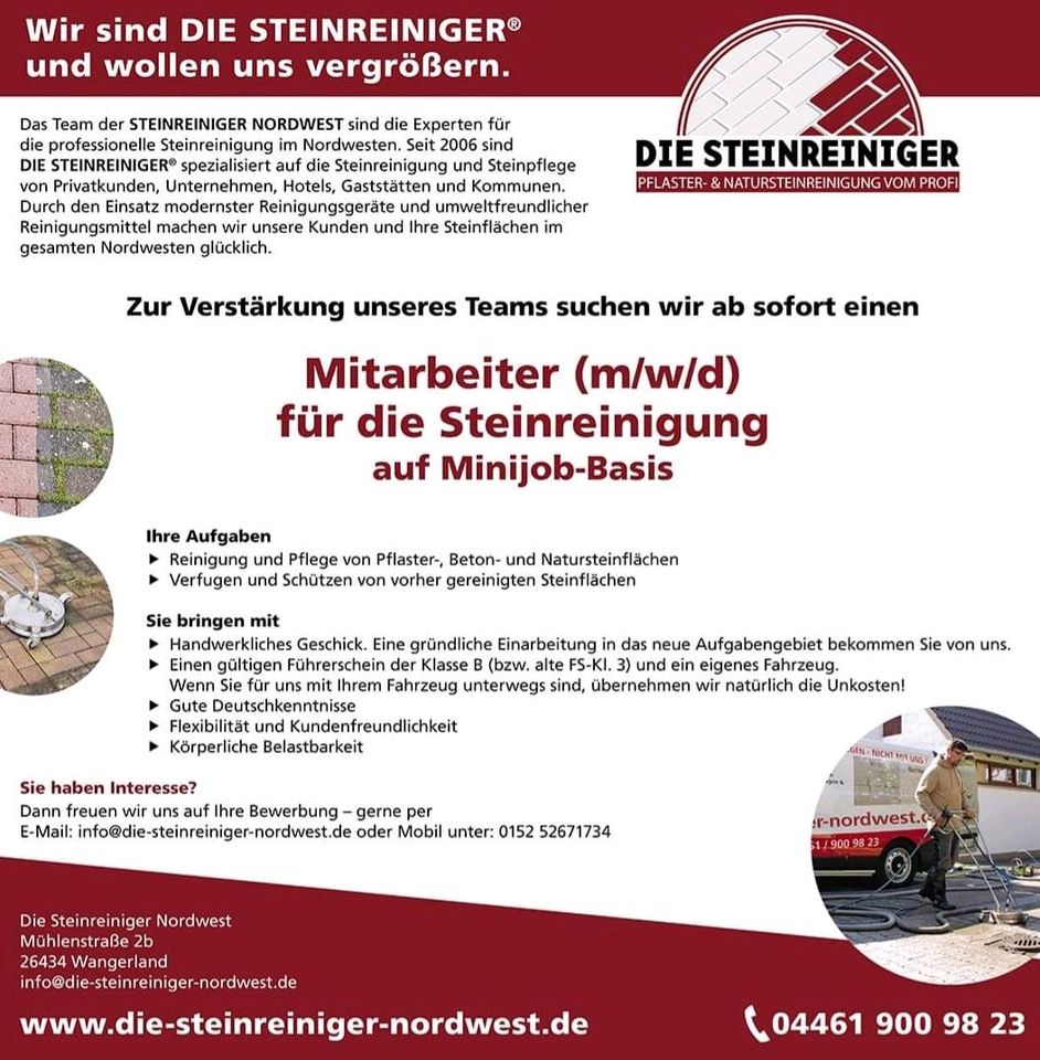 Mitarbeiter (m/w/d) für die Steinreinigung auf Minijob-Basis in Wangerland