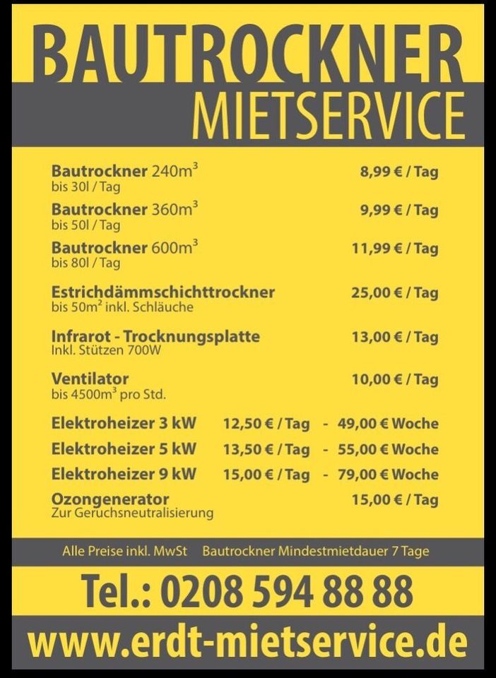 Bautrockner Mieten verschieden Modelle 600 m³ , 360 m³ , 240 m³ in Dinslaken