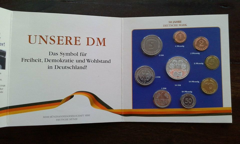 10-DM-Münze Silber: "50 Jahre D-Mark", Folder mit DM-Münzen in Bad Reichenhall