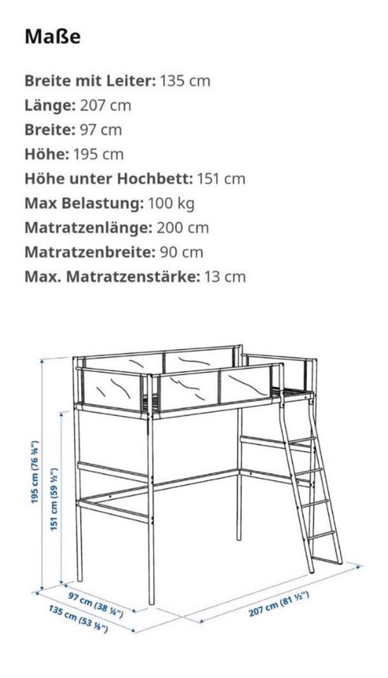 Ikea Vitval - Hochbett 90 x 200 + Schreibtisch mit Lochplatte in Olfen