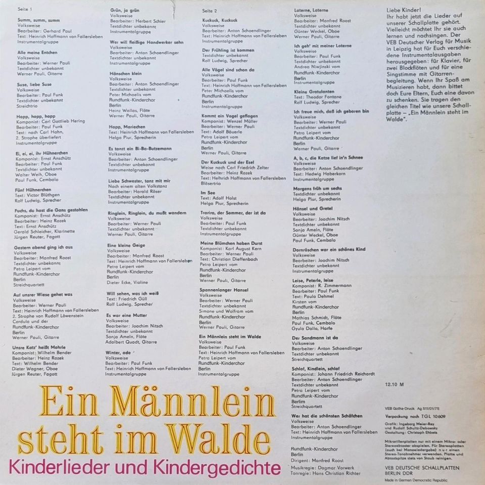 Vinyl Schallplatte Ein Männlein steht im Walde Eterna 1971 in Leipzig